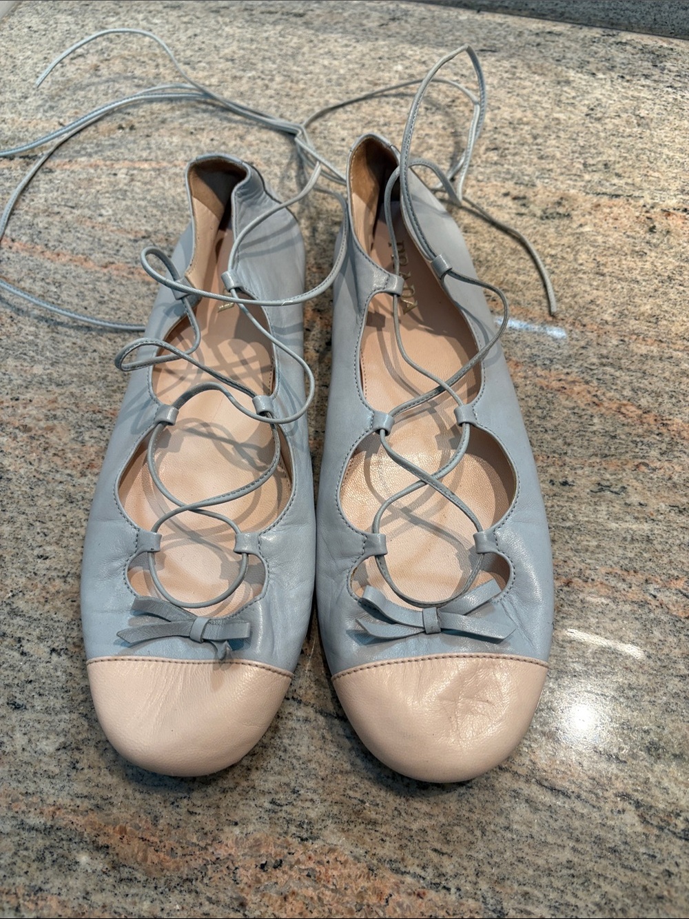 Prada Two-Tone Lace-Up Ballet Flats - Light Blue & Cream